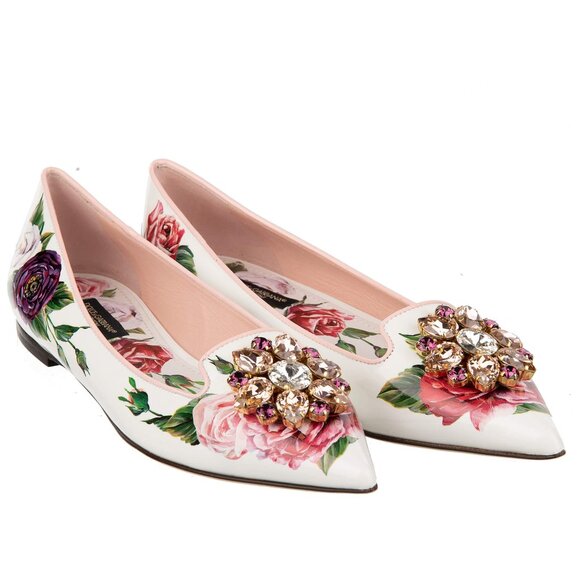 Dolce & Gabbana - Patent Leather Rose Brooch Ballet Flats BELLUCCI White Pink EU - Picture 1 of 5